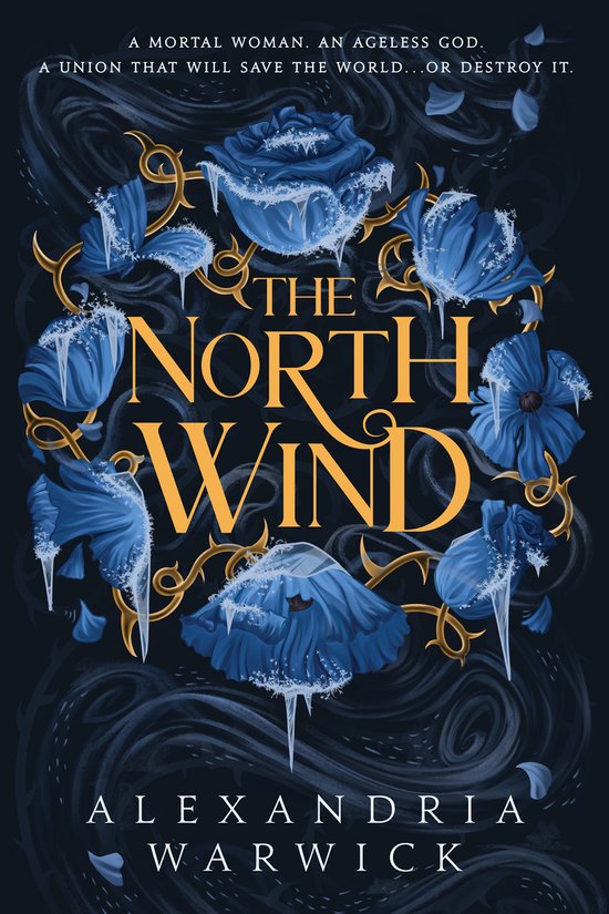 Boekomslag met de titel 'The North Wind' in gouden letters, omringd door blauwe bloemen met ijspegels en gouden ranken.