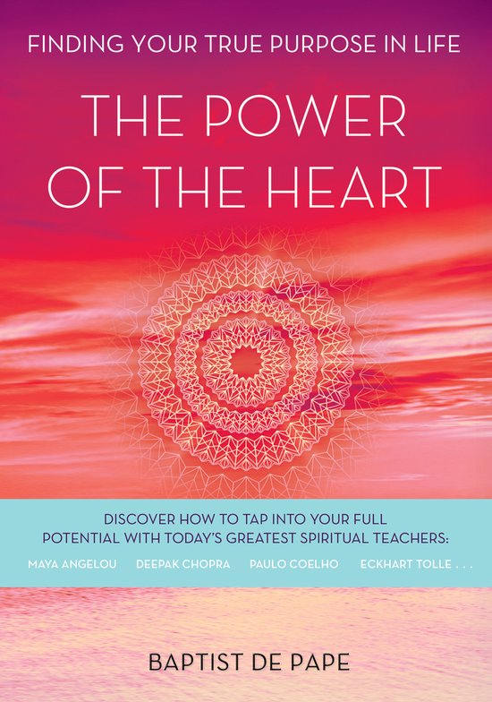 Boekomslag 'The Power of the Heart' met tekst 'Finding Your True Purpose in Life' en een mandala op een rode achtergrond.