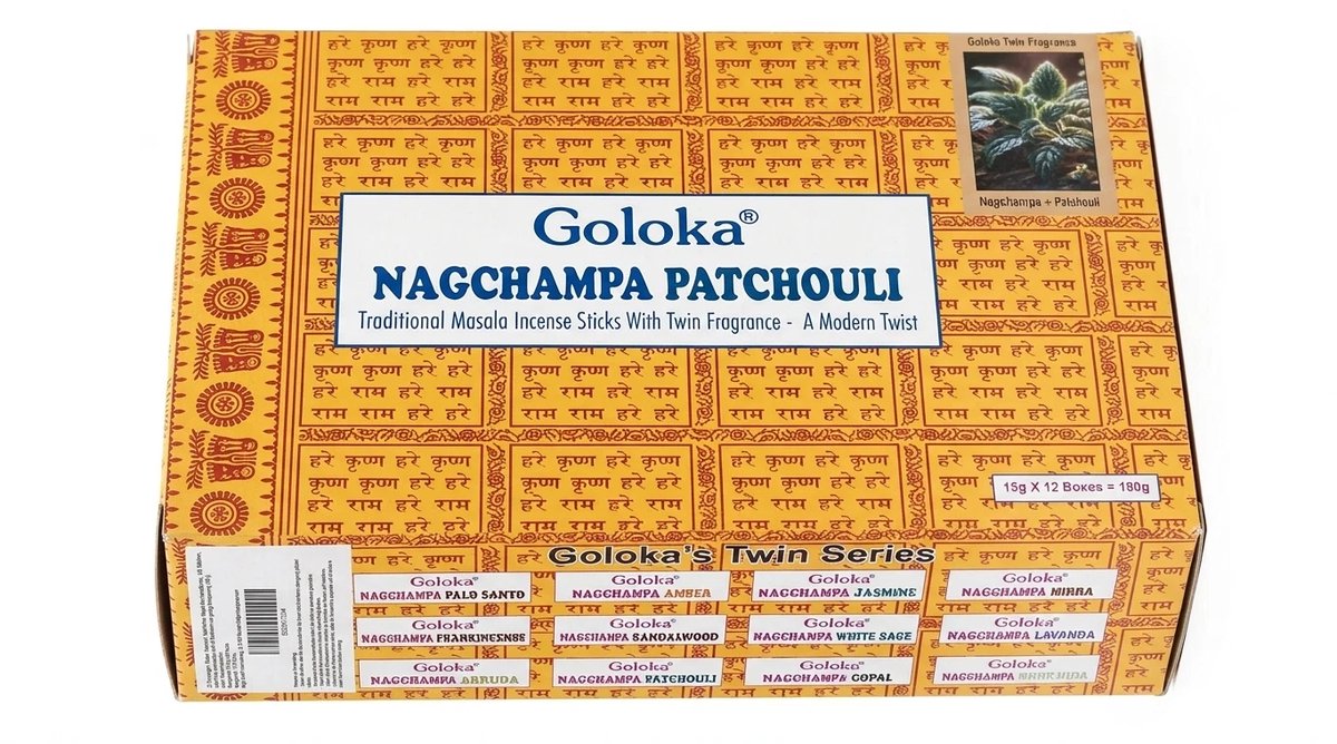 Goloka Nagchampa Wierookstokjes – 180g Voordeelverpakking (12 x 15g) – Authentieke Nagchampa & Patchouli Geurmix – Premium Kwaliteit Masala Wierook Met Kajal Sticker