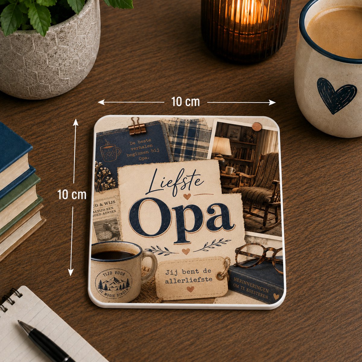 Onderzetter Liefste Opa – 10 x 10 cm – Cadeau voor Opa – Vierkante Onderzetter met Vintage Collage Design