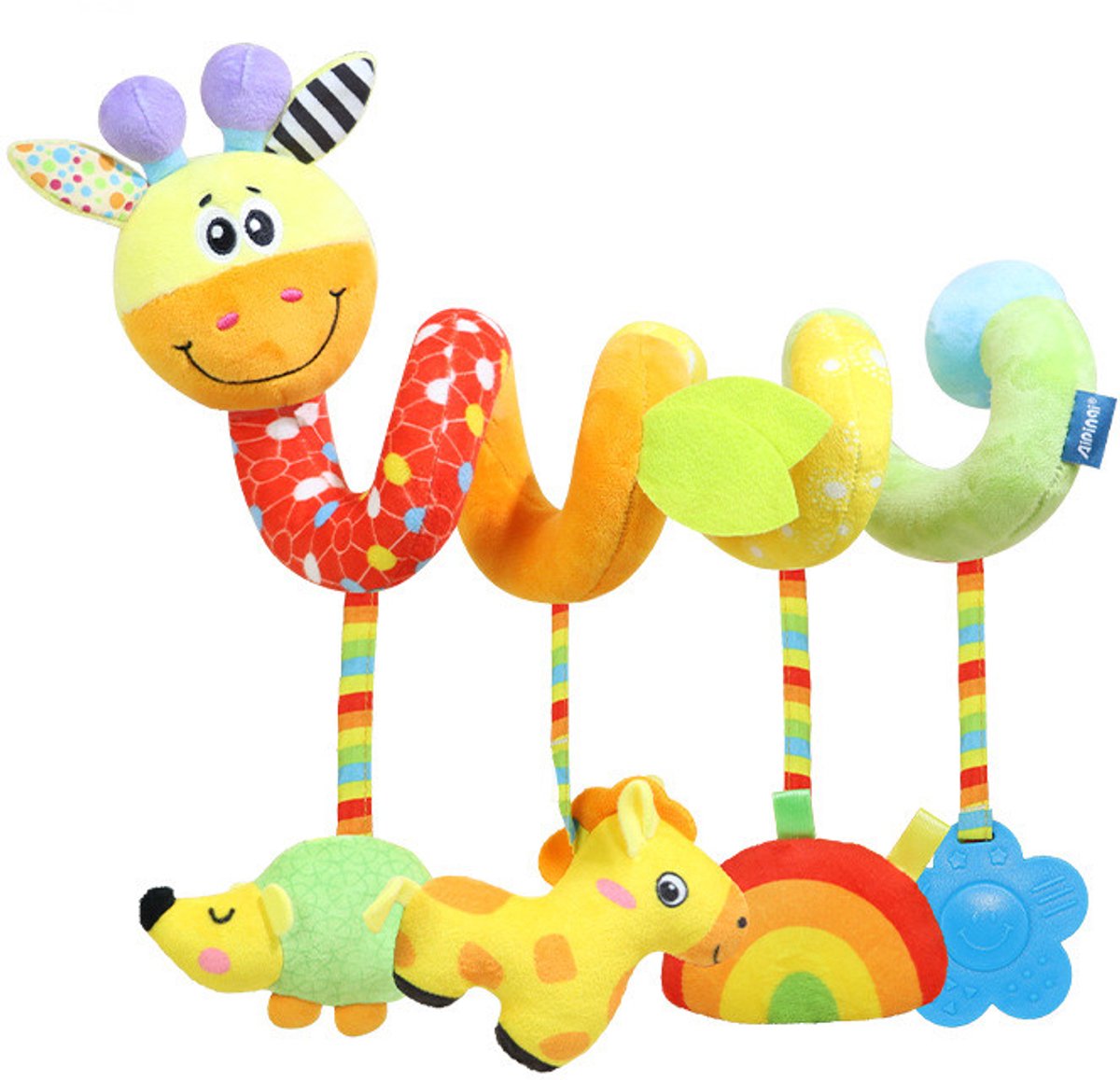 COOAU - Boxspiraal Baby Speelgoed - Pluchen Knuffel met Rammelaar voor Kinderwagen, Autostoel & Buggy - Sensorisch Speelgoed voor Baby's van 0-6 Maanden - Unisex - Zacht & Veilig - Kleurrijke giraffe