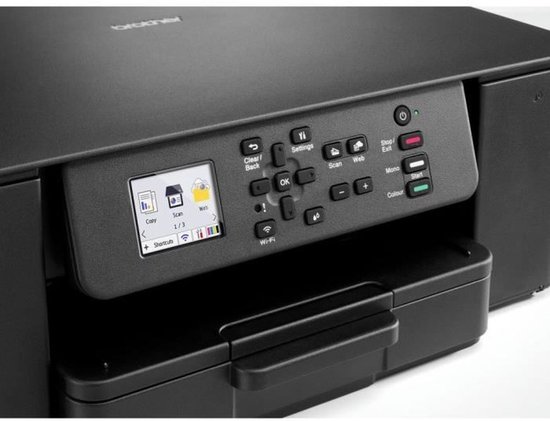 Close-up van het bedieningspaneel van een zwarte Brother printer met display en knoppen.
