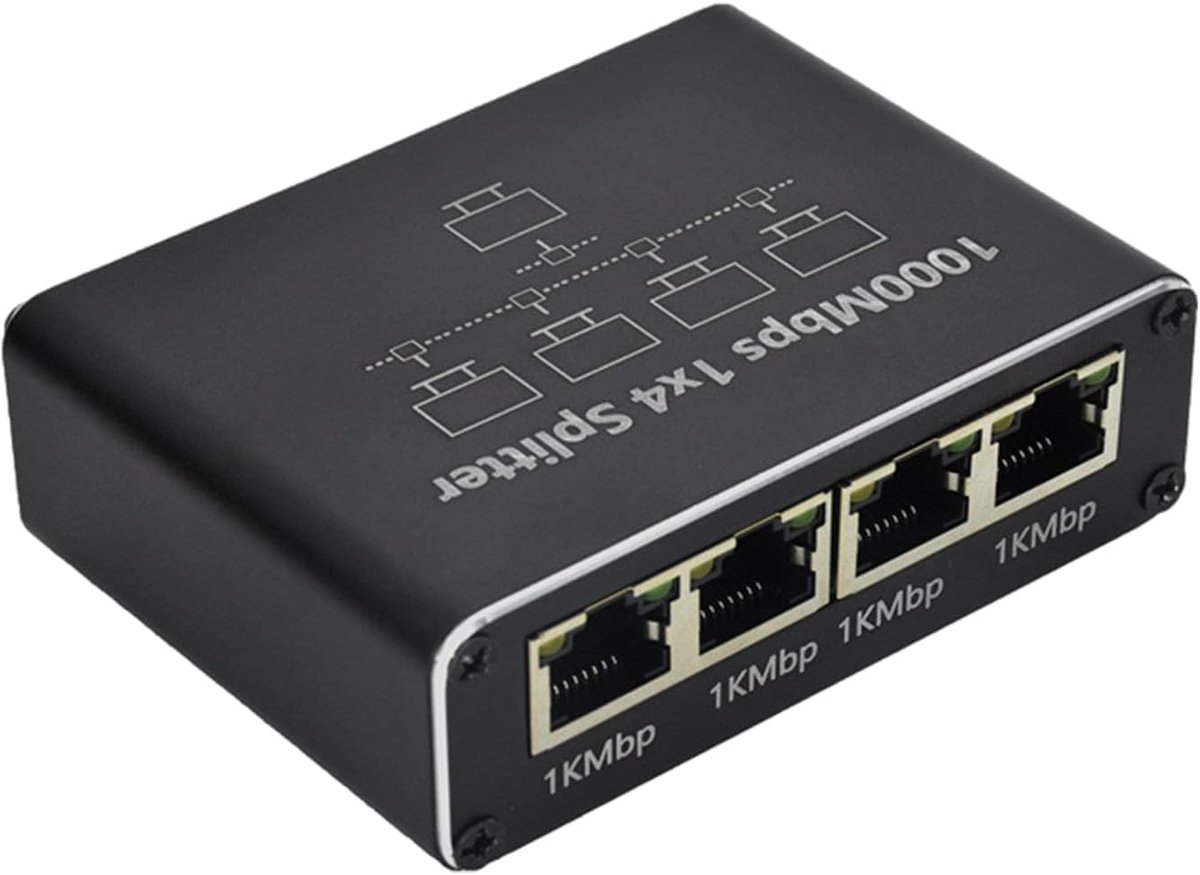 Netwerk Splitter - Ethernet Poorten - Internet Uitbreiding - 1 tot 4 Gigabit - 100 Meter Bereik - Zilver