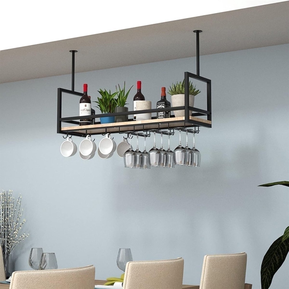 Hangende Opbergrekken voor Wijnglazen - Plafond Gelegen, IJzeren en Houten Wijnrekken - Ruimtebesparende Planken voor Keuken, Bar en Restaurant