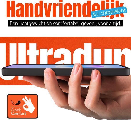 Hand houdt dunne, zwarte telefoonhoes vast. Tekst: "Handvriendelijk & Lichtgewicht".