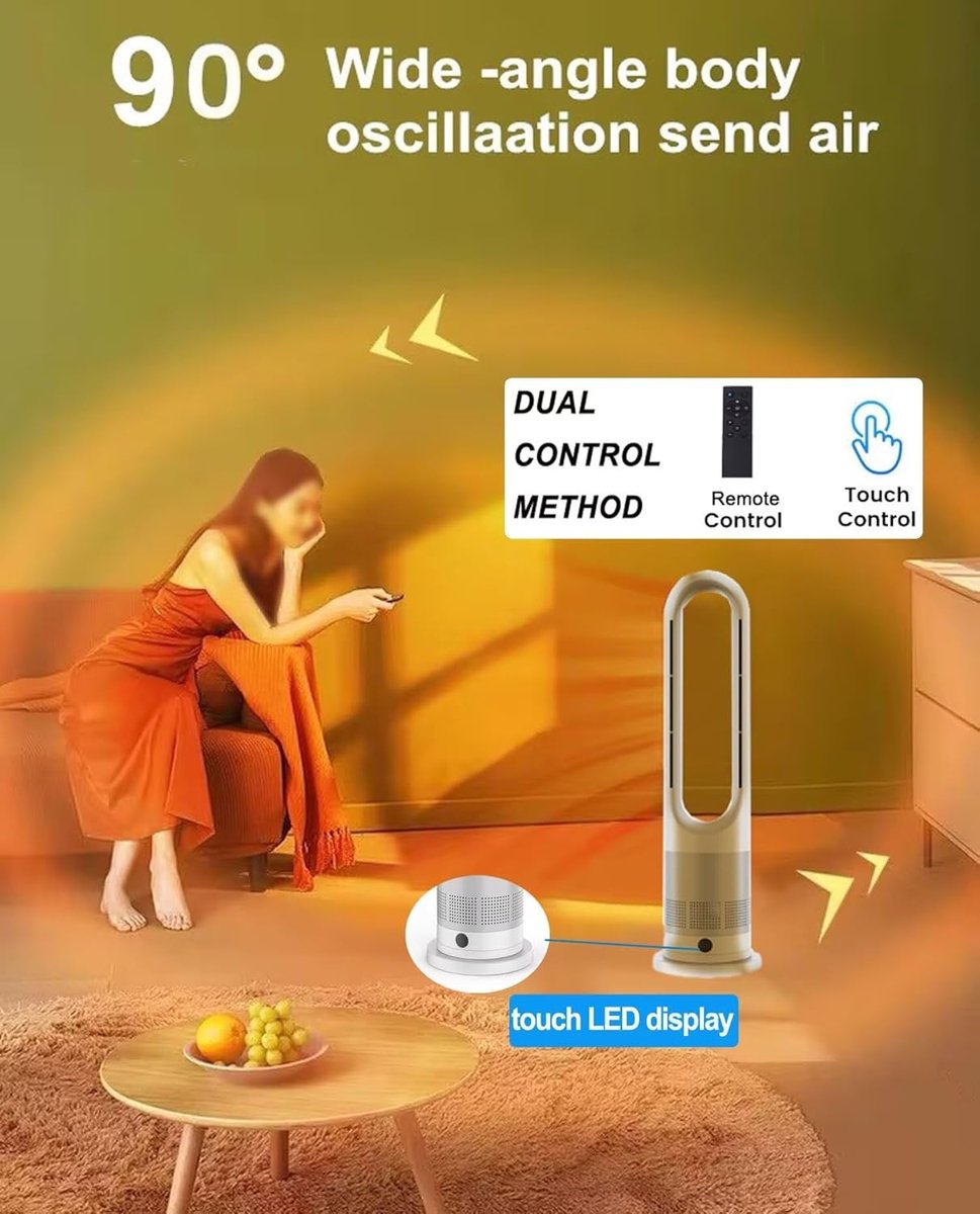 Staande Ventilator - Torenmodel - Verkoeling en Warmte - Bladloos Ontwerp - 90 Graden Oscillatie - Wit Zilver – foto 5