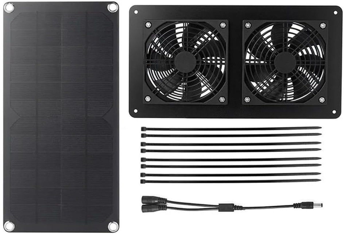Zonne-ventilator - Dubbele ventilator - Ventilatiehokken - Zonne-energie - 10W - Zwart