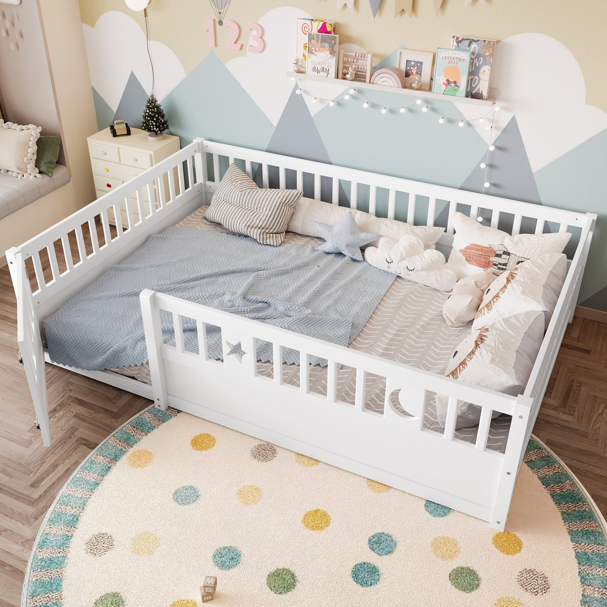 MEUNIQ kinderbed 140x190 cm met veiligheidshekken en vergrendelbaar deurtje, ster- en maandecoratie, zonder lattenbodem en matras, wit, voor kinderkamer