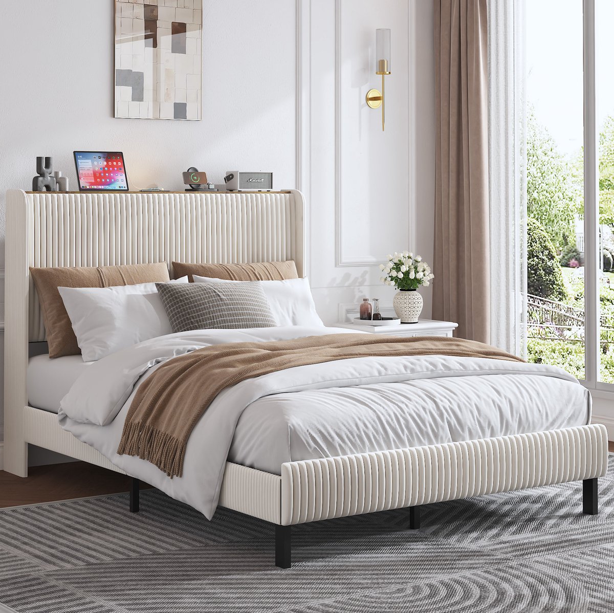 MEUNIQ Bedframe 140x200 cm met gestoffeerd hoofdbord, corduroy bekleding, metalen lattenbodem en 9 poten, platformbed voor slaapkamer, beige en crème