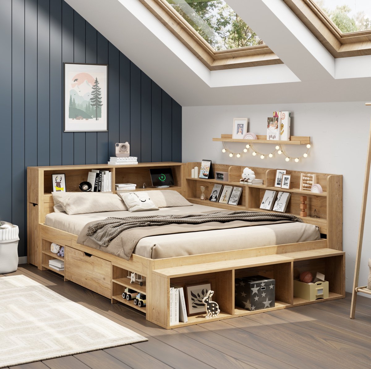 MEUNIQ Kinderbed 140x200 cm met opbergruimte, lade, boekenkast, opbergkasten en lattenbodem, bedframe voor kinderkamer, zonder matras, naturel