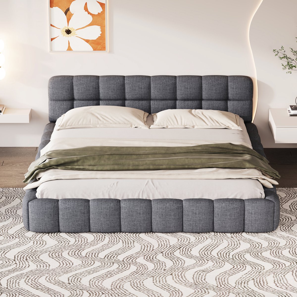 Gestoffeerd bed 140x190 cm, tweepersoonsbed met lattenbodem en hoofdeinde, vlak bed met gestoffeerde rand, bedframe voor volwassenen en tieners, zonder matras, linnen grijs
