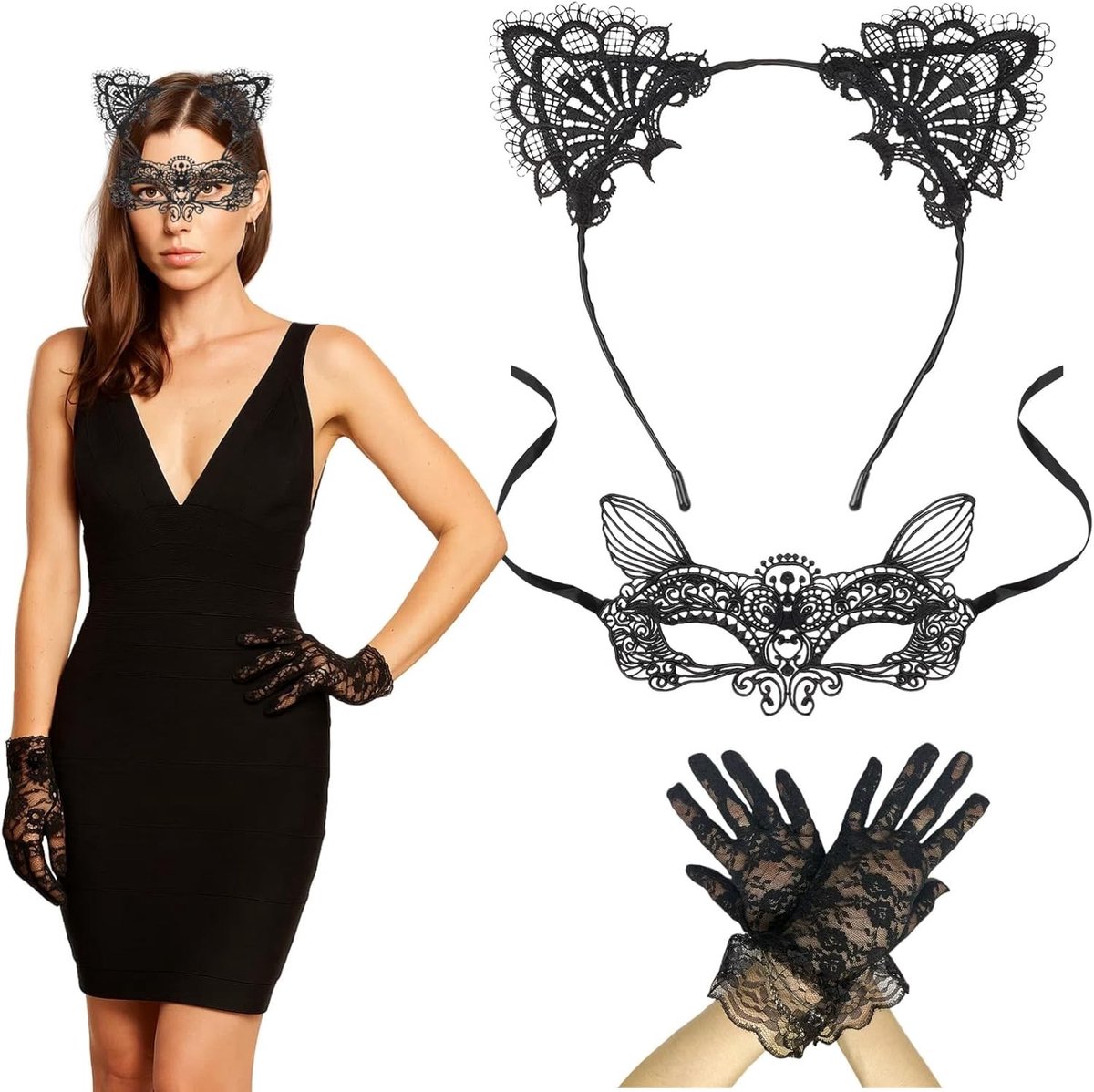Cat Oren Hoofdband met Oortjes, Kant Oogmasker en Handschoenen Set voor Vrouwen, Perfect voor Halloween en Verkleedpartijen
