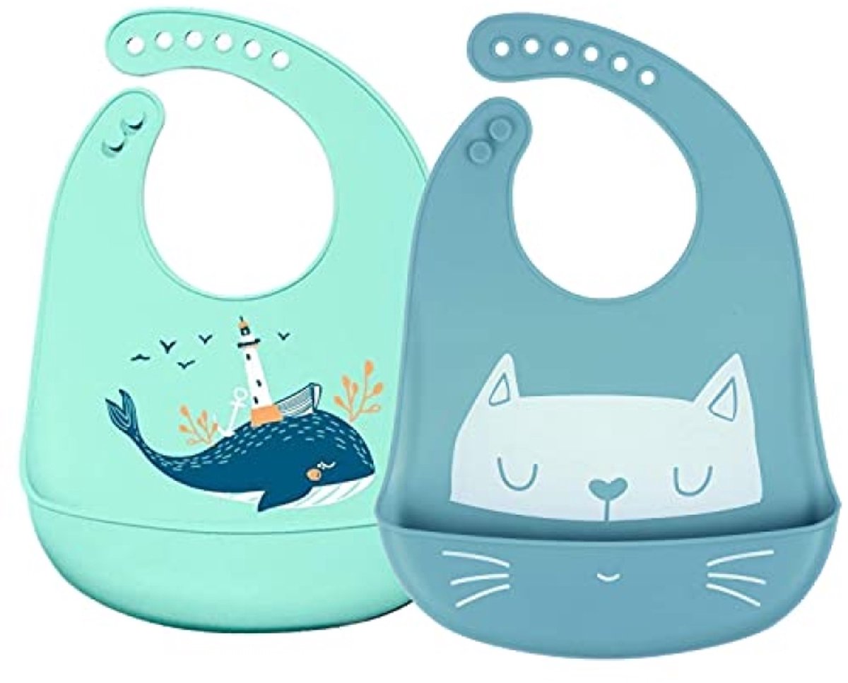 Nazik Living Siliconen Slabbetjes voor Baby - Waterdicht, Wasbaar, met Opbergtas - 2 Stuks - Blauw