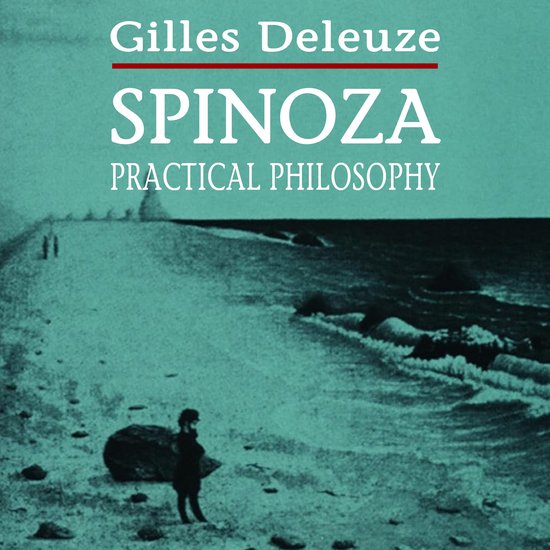 Boek met de titel 'SPINOZA PRACTICAL PHILOSOPHY' door Gilles Deleuze, met een aquarel van een kustlandschap.