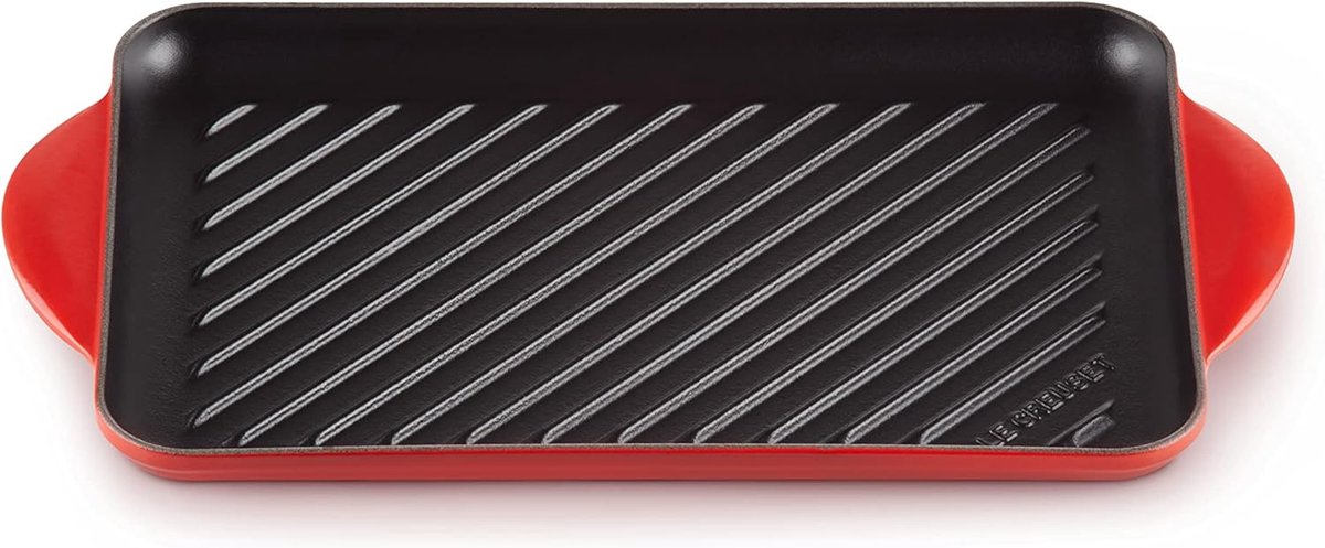 Grillplaat Gietijzer - Grillpan Rechthoekig - Vetarm Koken - Geribbelde Bakbodem - 325 cm - Kersenrood