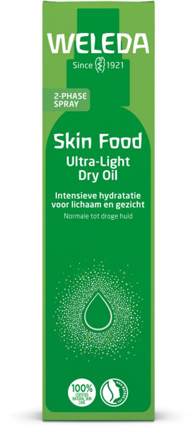 Groene verpakking van Weleda Skin Food Ultra-Light Dry Oil met tekst en logo's.