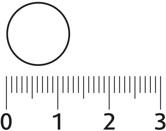 Grootte van de kauwtablet vergeleken met een liniaal, met 0 tot 3 cm.