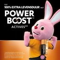 Roze Duracell-konijn met een Duracell Power Boost AA-batterij.