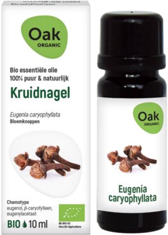 Oak Kruidnagel bio essentiële olie, 10 ml. Op de verpakking en fles staan gedroogde kruidnagels.