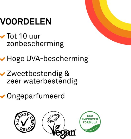 Voordelen van P20: tot 10 uur zonbescherming, hoge UVA-bescherming, zweet- en waterbestendig, ongeparfumeerd, vegan, eco improved formula.