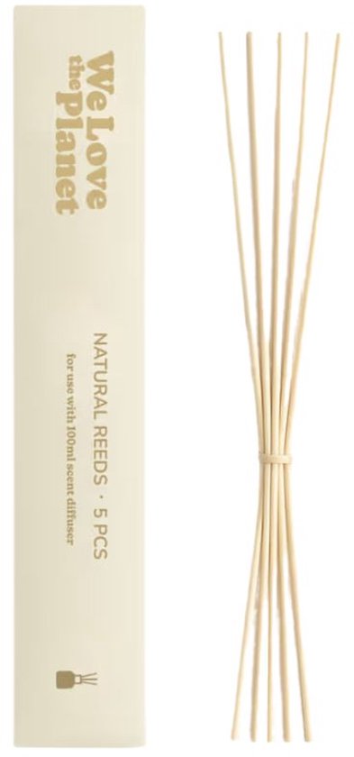 Natuurlijke geurstokjes (5 stuks) in crème verpakking met 'We Love the Planet' logo.