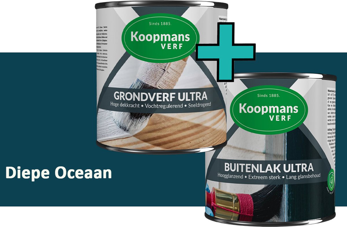 Koopmans Grondverf Ultra en Buitenlak Ultra - Grondverf Lakverf set - Buiten - Diepe Oceaan – 2x – 375 ml