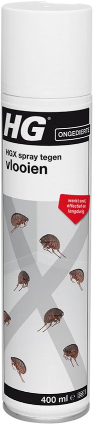 HGX spray tegen vlooien, 400ml, met een label 'ONGEDIERTE' en afbeeldingen van vlooien