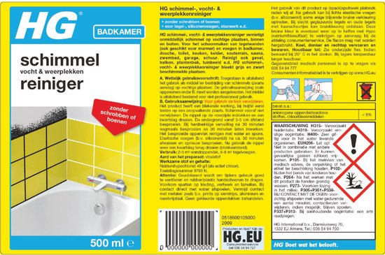 HG schimmel, vocht & weervlekkenreiniger. Fles met spuitdop en illustratie van badkuip en tegels. 500 ml.