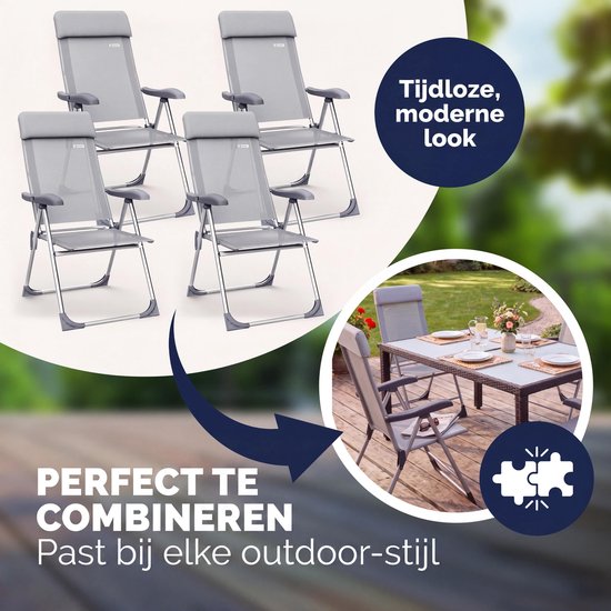 Grijze Casaria tuinstoelen, tijdloze, moderne look, perfect te combineren met outdoor-stijl. Grijze stoelen rondom een tafel.