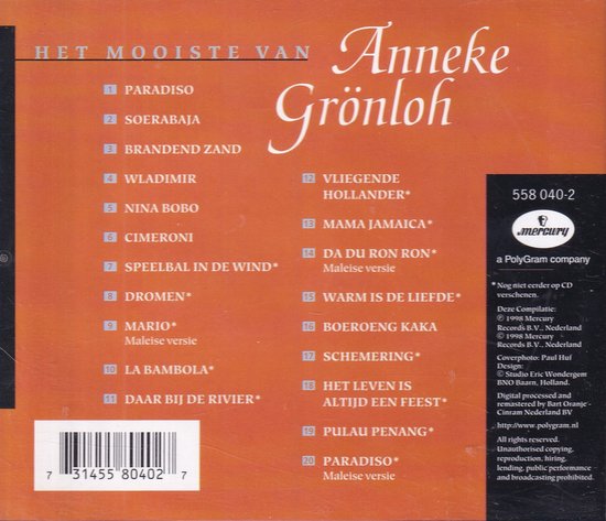 Achterkant albumhoes met titel 'Het Mooiste Van Anneke Grönloh', tracklist en Mercury logo.