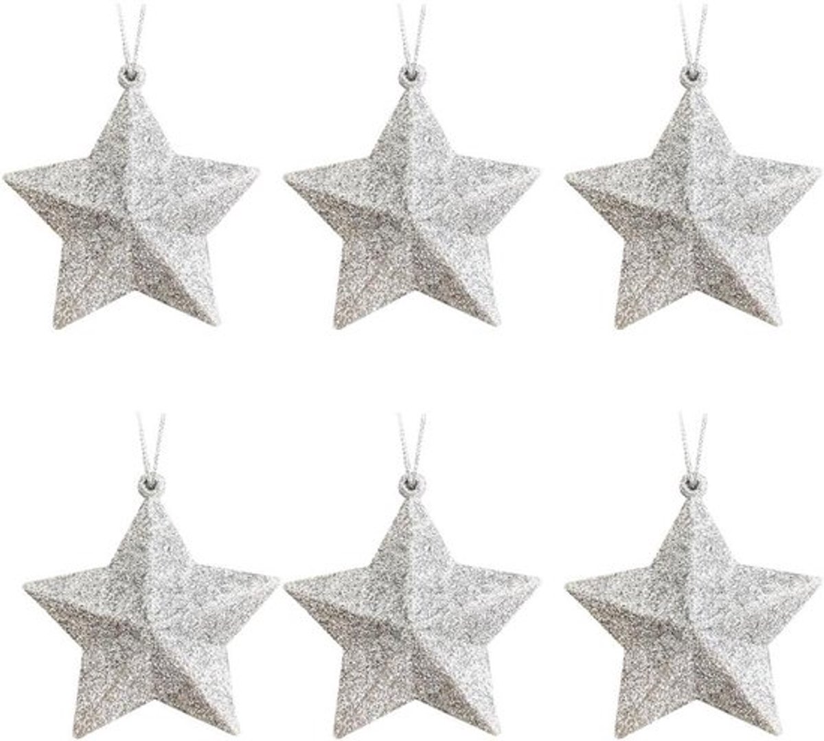 Kerstballen zilveren sterren 6 stukjes koord included