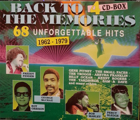 CD-box 'Back to the Memories 68 Unforgettable Hits 1962-1979' met foto's van Freddy Fender, George McCrae, Roy Orbison, Bob Marley en Percy Sledge.