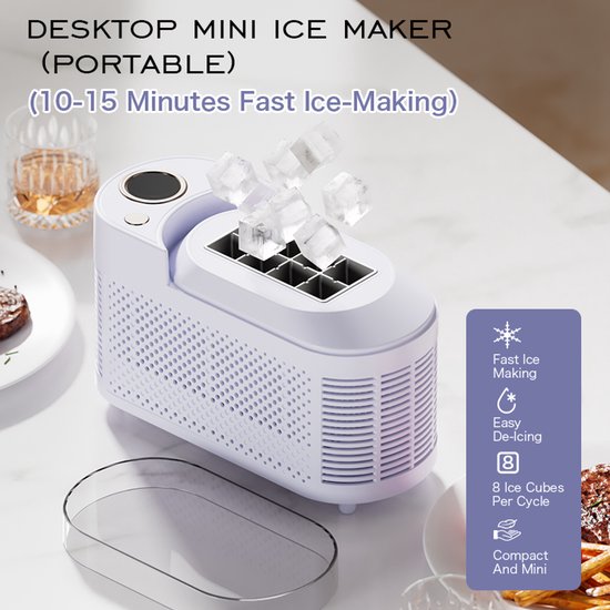 ZVD Kleine IJsblokjesmachine - 8 Blokjes in 10 Minuten - Draagbaar & Compact - 12V & 230V - Voor Auto, Camping, Keuken, appartement, Kantoor & Cocktails - Paars - met IJstang — afbeelding 5