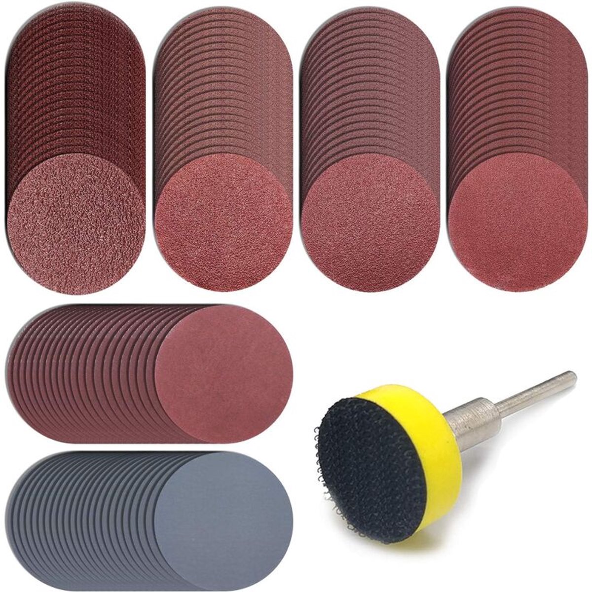 YAGXIG Schuurpapier - Verpakking van 120 schuurvellen van 25 mm - Schachtdiameter 3,2 mm - Geschikt voor Dremel en de meeste roterende gereedschappen - Korrelgroottes: 100/180/240/400/1500/3000