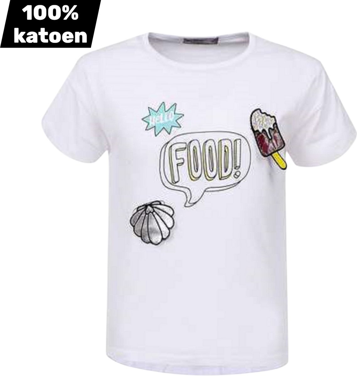 T-shirt 100% katoen wit hello food 152