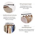 Vitrine met iconen van kleding, jurk en tas, en tekst over multifunctioneel en stijlvol ontwerp.