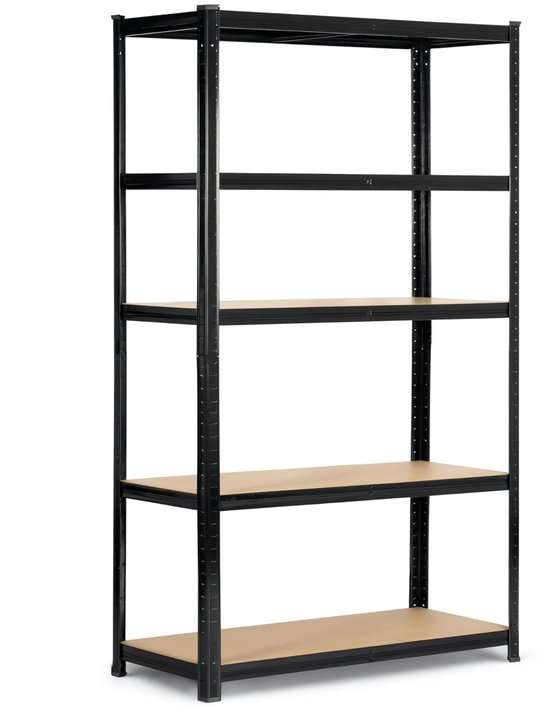 Lege zwarte metalen stellingkast met vijf MDF-planken in een minimalistisch design.