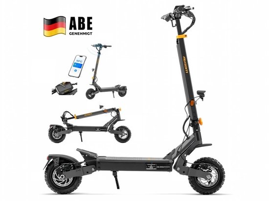 Zwarte opvouwbare elektrische step met grote accu, 10" banden en ABE-goedkeuring. Inclusief NFC-sleutel en mobiele telefoon.