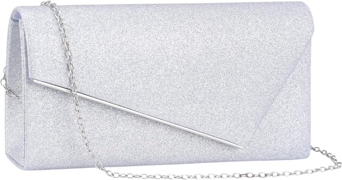 Zilver Clutch voor Dames - Glitter-avondtasje/clutch voor dames – sprankelende envelop-clutch met ketting voor gala, bruiloft, feest, banket of date