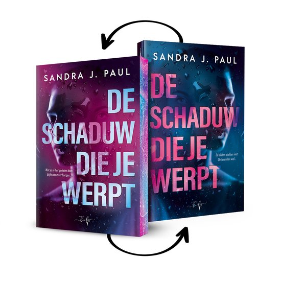 Boekomslag van "De schaduw die je werpt" door Sandra J. Paul, met een mysterieuze figuur en druppels. Tekst: De schaduw die je werpt.