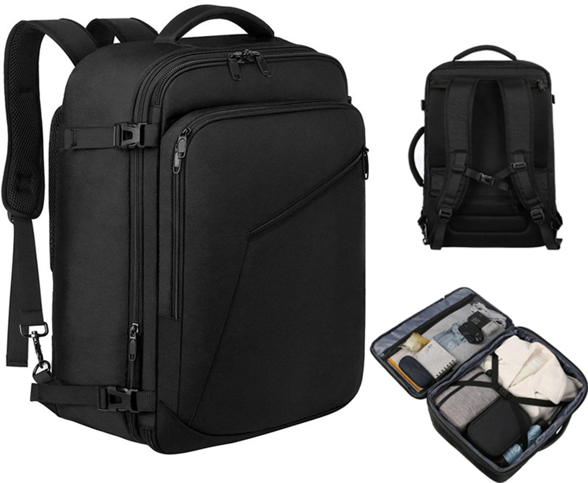 KZQ Extra Grote Uitbreidbare Handbagage Rugzak 40 Liter – Waterafstotend En Lichtgewicht, Vliegtuiggeschikt En Perfect Als Weekendtas Voor Dames En Heren, In Zwart