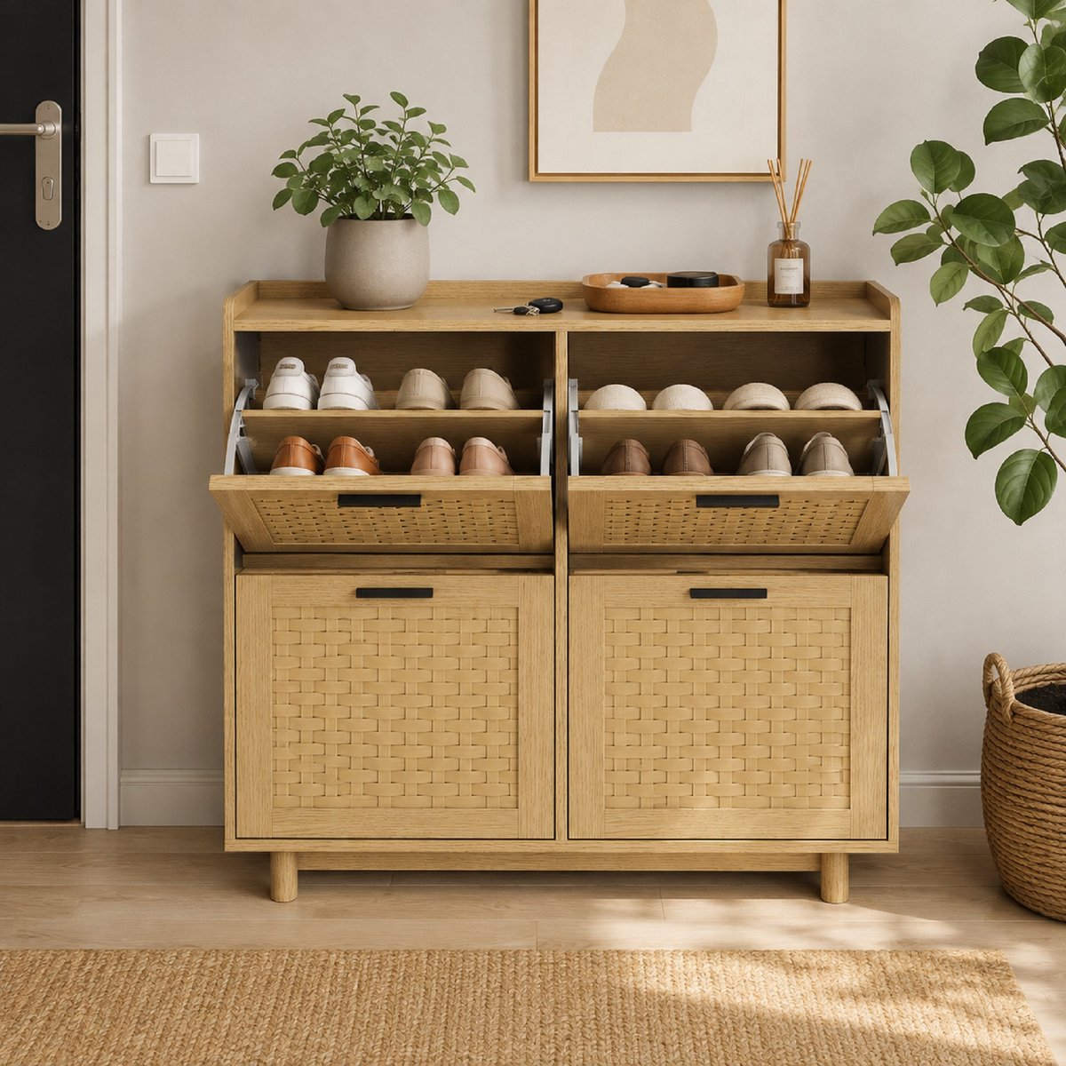 Schoenenkast 100×24×95cm houtkleur, 4 klepdeuren, lade, PVC rotanlook & antikantelbeveiliging