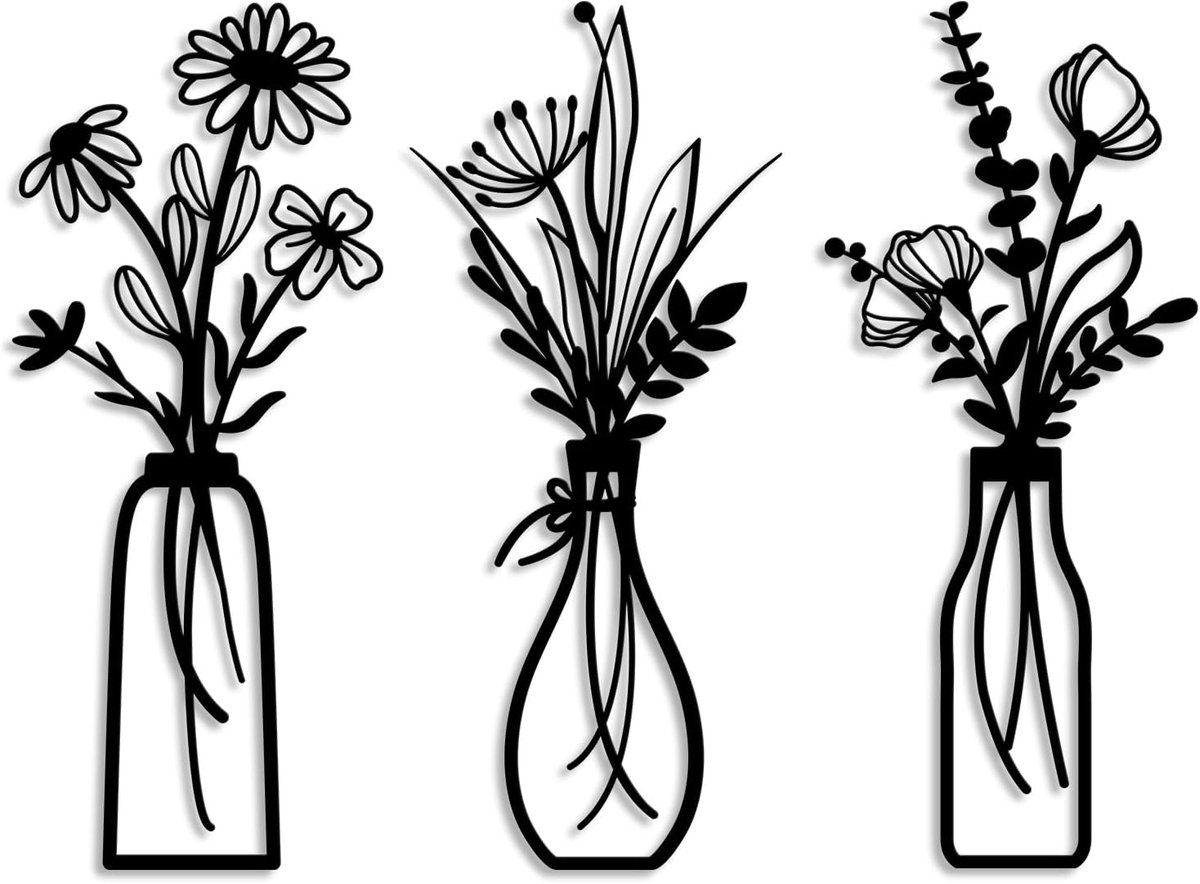 3-delige Metalen Bloem Wanddecoratie - Minimalistisch Zwart - Rustiek Farmhouse Design - Voor Woonkamer - Badkamer - Slaapkamer - Cadeautip