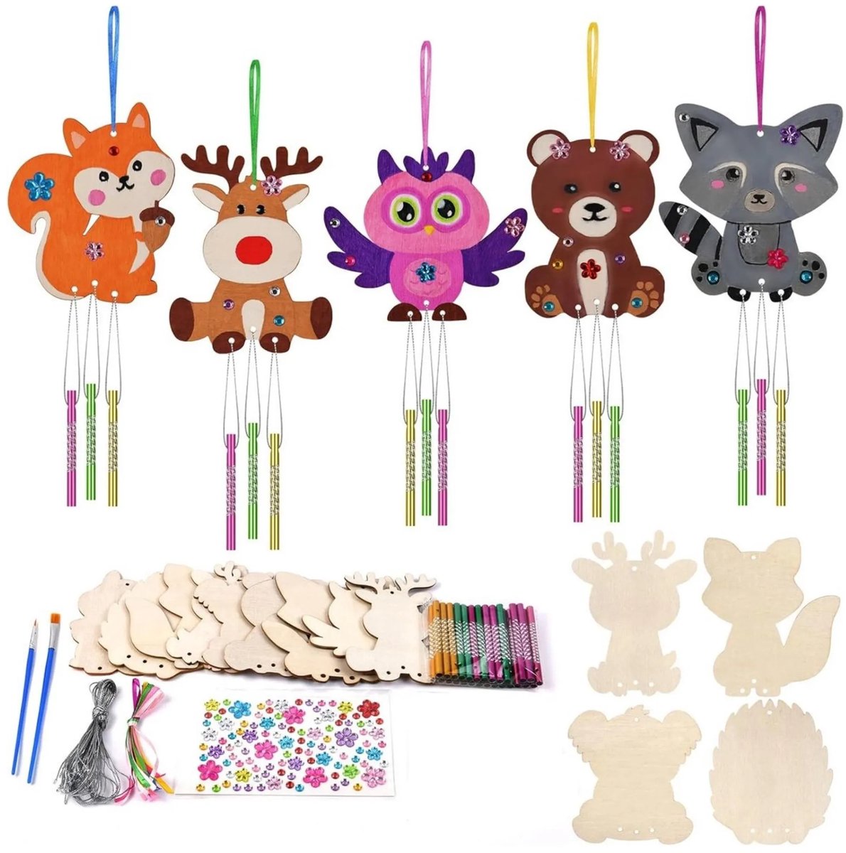 Casalora 9-delige Eekhoorn Windgong Knutselset – DIY Houten Windgong om te Kleuren – Kinder Creatieve Knutselactiviteit – Houten Decoratiehanger – Raamdecoratie,Tuindecoratie