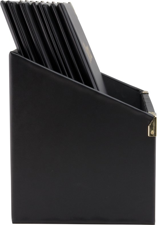 Zwarte menukaartenbox met gouden hoekjes, aan de zijkant gezien, met 10 menumappen erin.