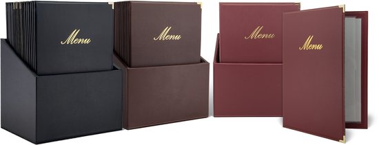 Drie sets menukaartmappen in zwart, donkerbruin en wijnrood, elk met een bijpassende opberghouder.