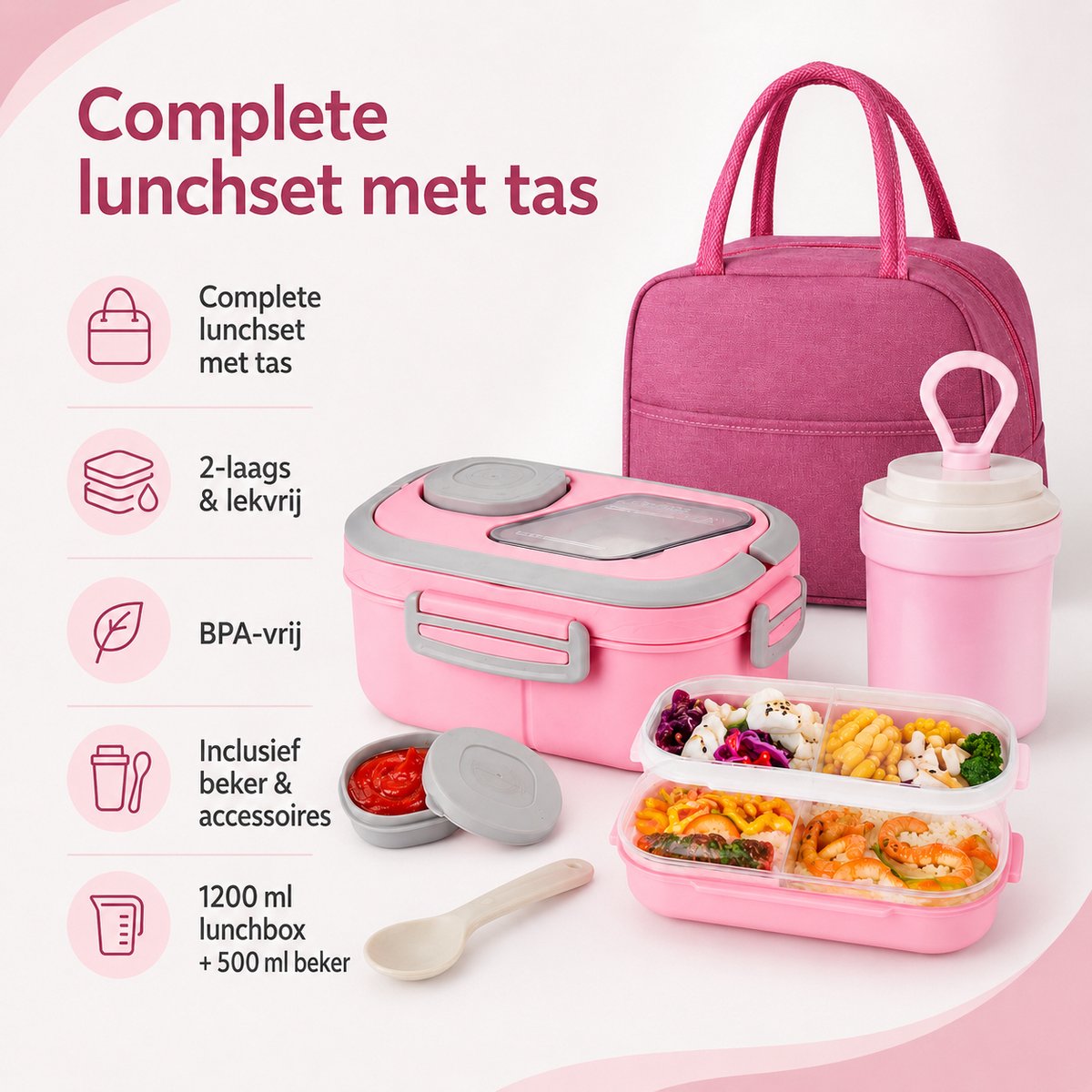 Bobypet - Lunchbox Set met Geïsoleerde Lunchtas- 1200ml - 2-Laags Stapelbare Broodtrommel met Vakjes - Lekvrij en BPA-Vrij - Inclusief Bestek, Sausbakje en Waterbeker - Geschikt voor Magnetron - Roze — cadeau in Koken & Dineren - foto 6