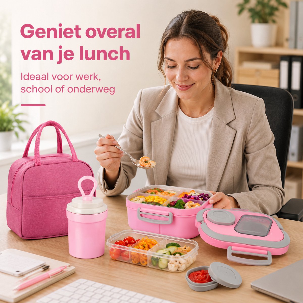 Bobypet - Lunchbox Set met Geïsoleerde Lunchtas- 1200ml - 2-Laags Stapelbare Broodtrommel met Vakjes - Lekvrij en BPA-Vrij - Inclusief Bestek, Sausbakje en Waterbeker - Geschikt voor Magnetron - Roze — cadeau in Koken & Dineren - foto 3