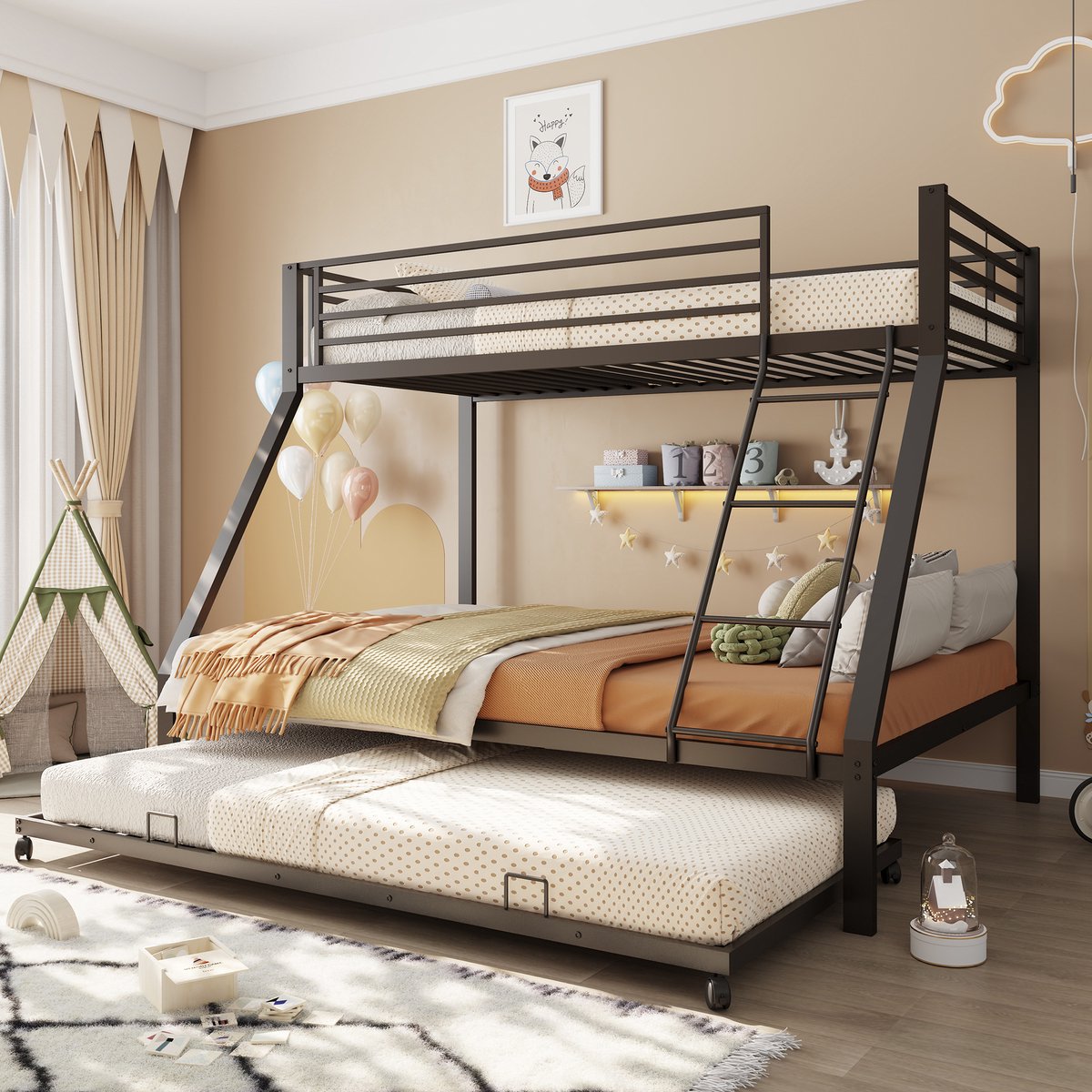 Clruro Stapelbed - 90/140 x 200 cm - met Uitschuifbed - 3 Slaapplaatsen - Metaal - Zwart
