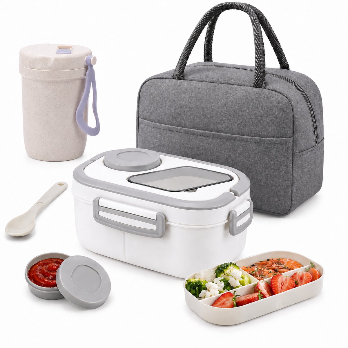 Bobypet - Lunchbox Set met Geïsoleerde Lunchtas- 1200ml - 2-Laags Stapelbare Broodtrommel met Vakjes - Lekvrij en BPA-Vrij - Inclusief Bestek, Sausbakje en Waterbeker - Geschikt voor Magnetron -Wit